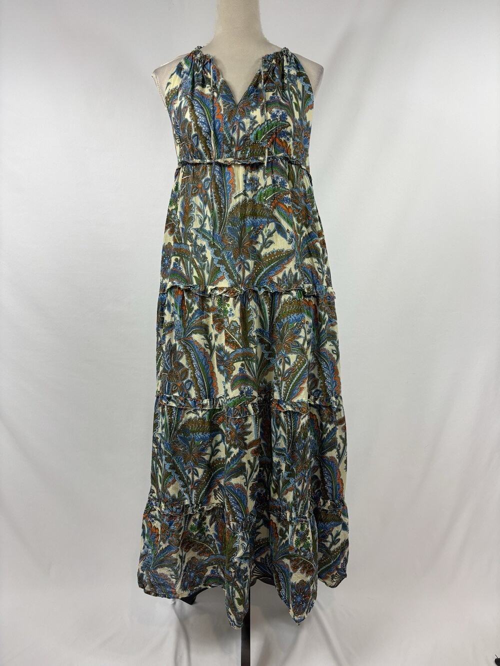 House of Harlow Maxi Dress Blue Orange Cream Floral Size XS Halter Neck Tiered